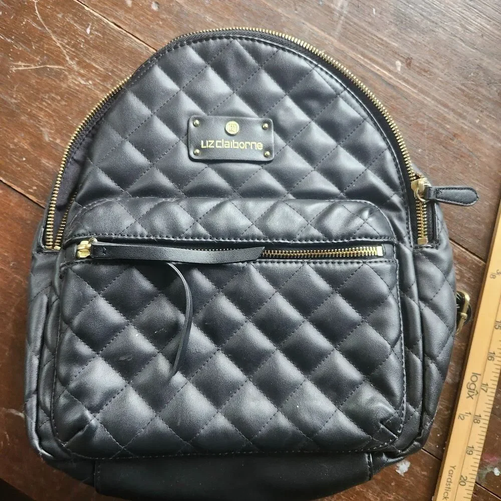 Liz Claiborne Black Quilted Faux Leather Mini Backpack Gold Tone Hardware
